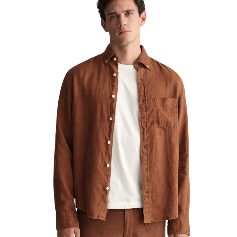 Gant Erkek Kahverengi Regular Fit Düğmeli Yaka Keten Gömlek