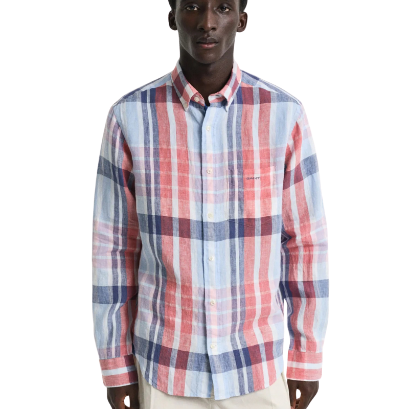 Gant Erkek Kırmızı Regular Fit Düğmeli Yaka Kareli Keten Gömlek