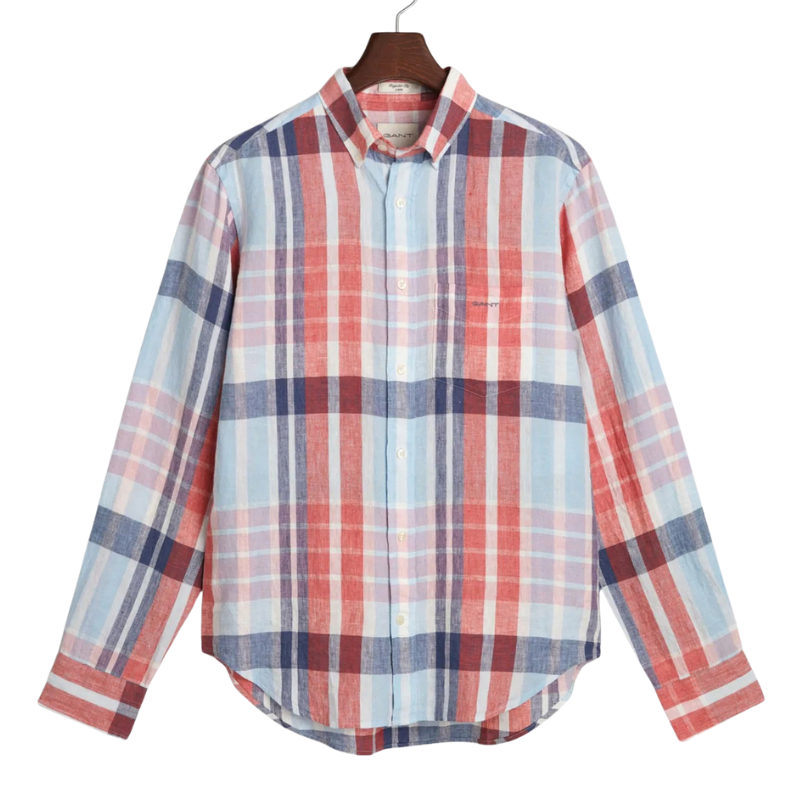 Gant Erkek Kırmızı Regular Fit Düğmeli Yaka Kareli Keten Gömlek