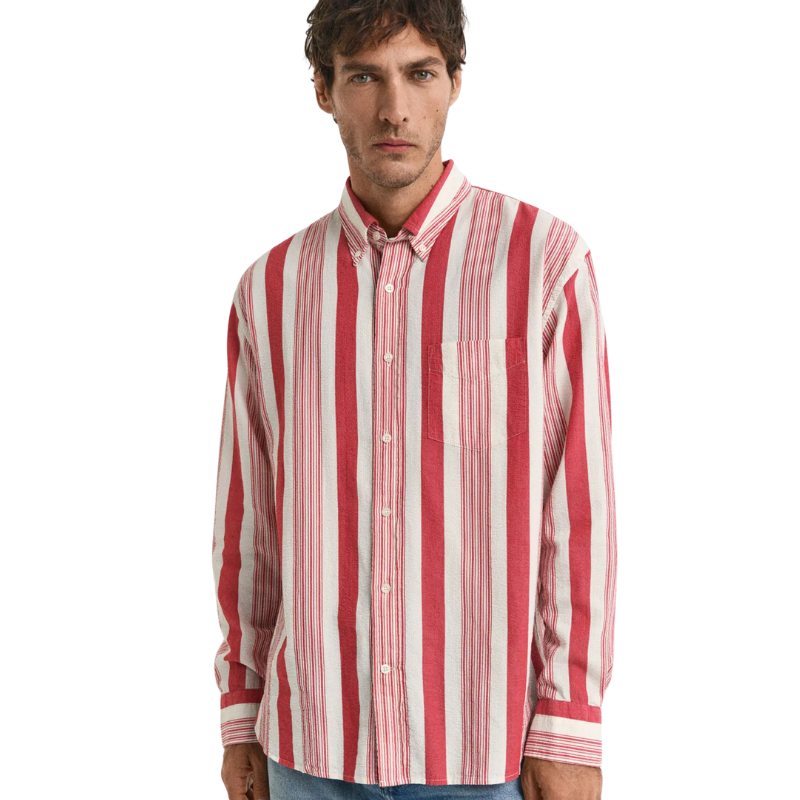 Gant Erkek Kırmızı Relaxed Fit Düğmeli Yaka Çizgili Gömlek