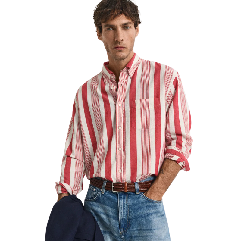 Gant Erkek Kırmızı Relaxed Fit Düğmeli Yaka Çizgili Gömlek