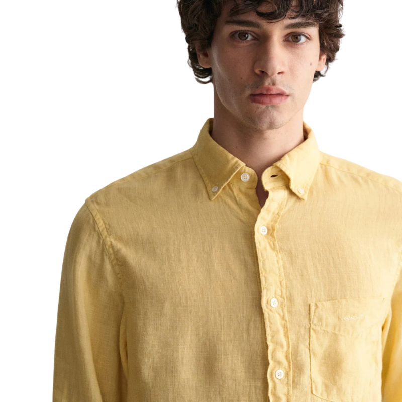 Gant Erkek Sarı Regular Fit Düğmeli Yaka Keten Gömlek