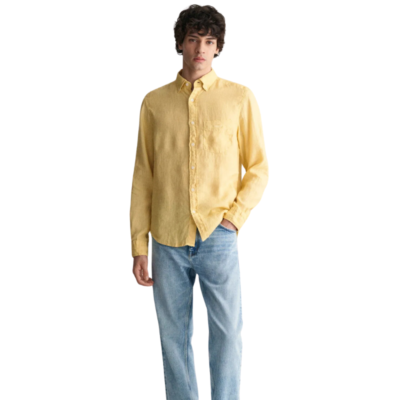 Gant Erkek Sarı Regular Fit Düğmeli Yaka Keten Gömlek