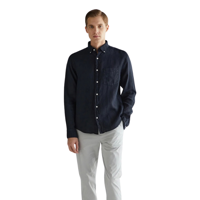 Gant  Erkek Siyah Regular Fit Düğmeli Yaka Keten Gömlek