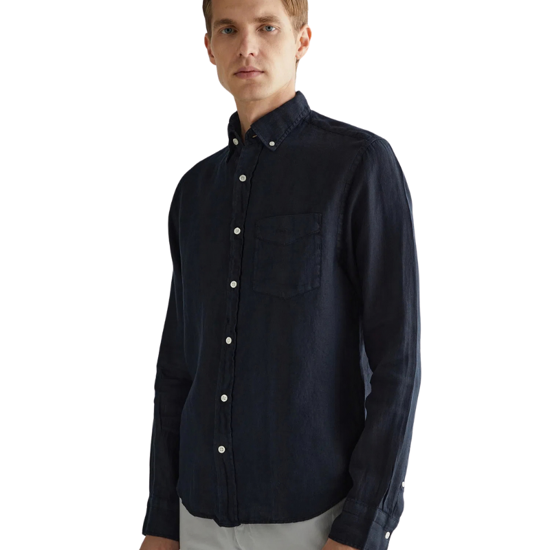 Gant  Erkek Siyah Regular Fit Düğmeli Yaka Keten Gömlek