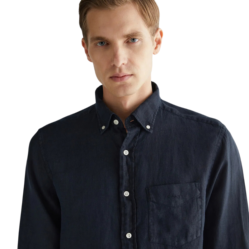 Gant  Erkek Siyah Regular Fit Düğmeli Yaka Keten Gömlek