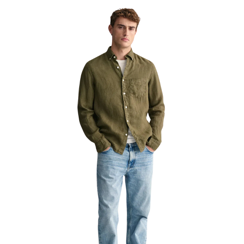 Gant Erkek Yeşil Regular Fit Düğmeli Yaka Keten Gömlek
