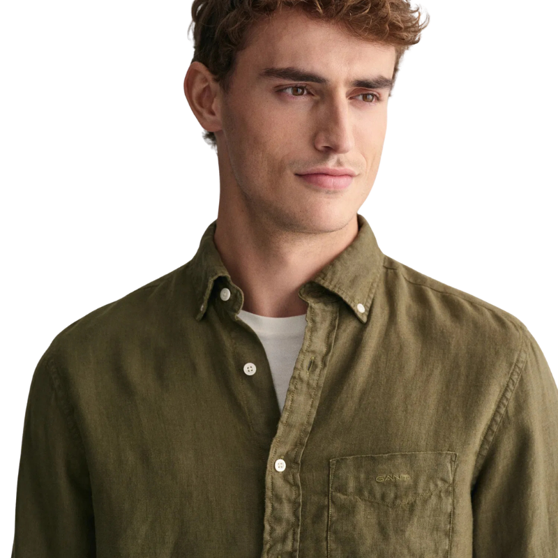Gant Erkek Yeşil Regular Fit Düğmeli Yaka Keten Gömlek