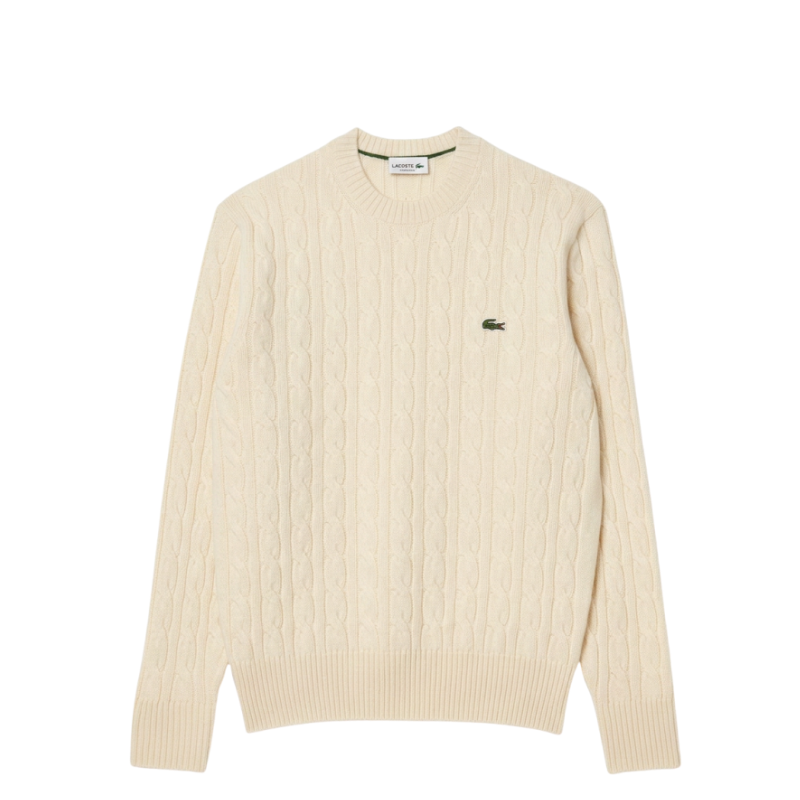 Lacoste Erkek Classic Fit Bisiklet Yaka Desenli Krem Kazak