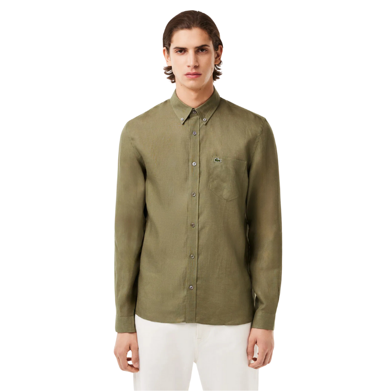 Lacoste Erkek Regular Fit Düğmeli Yaka Keten Haki Gömlek