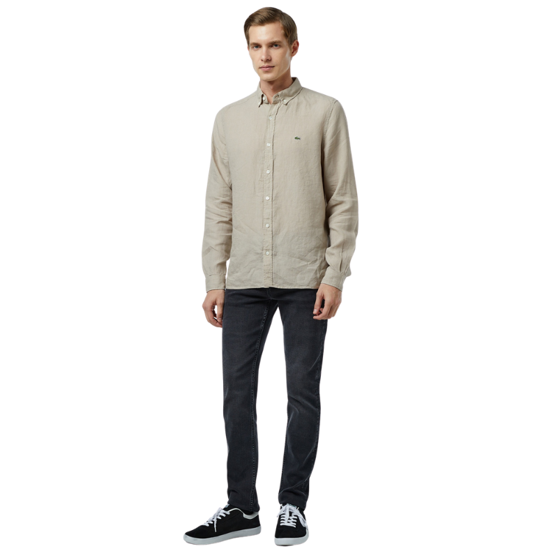 Lacoste Erkek Regular Fit Düğmeli Yaka Keten Bej Gömlek