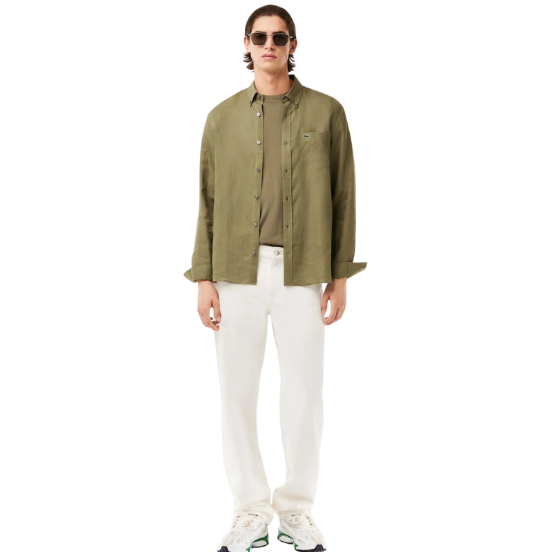 Lacoste Erkek Regular Fit Düğmeli Yaka Keten Haki Gömlek