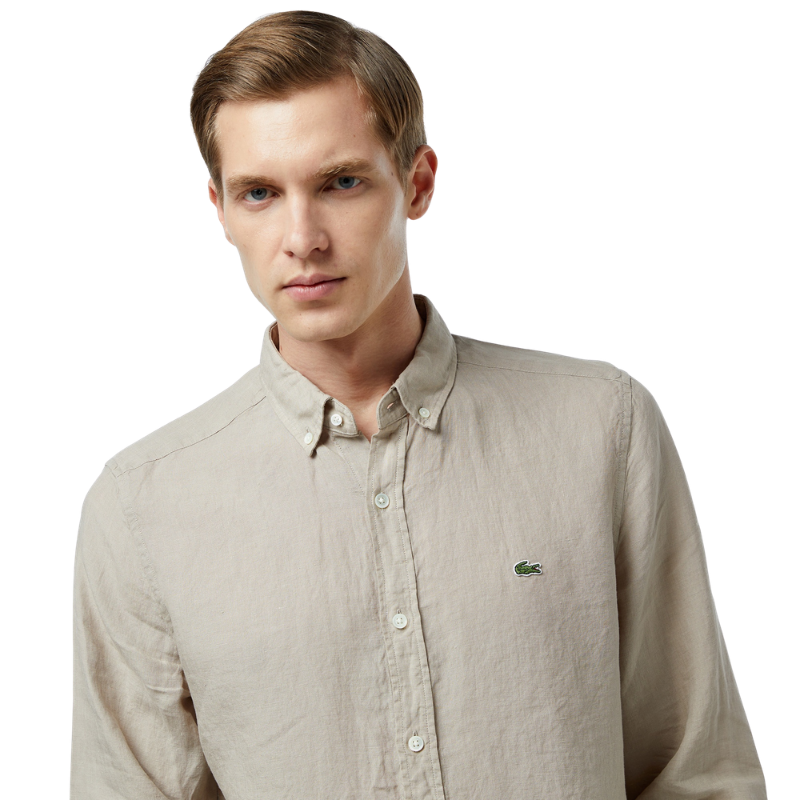 Lacoste Erkek Regular Fit Düğmeli Yaka Keten Bej Gömlek