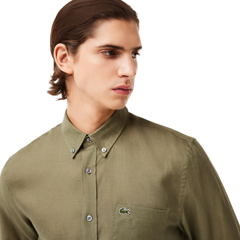 Lacoste Erkek Regular Fit Düğmeli Yaka Keten Haki Gömlek