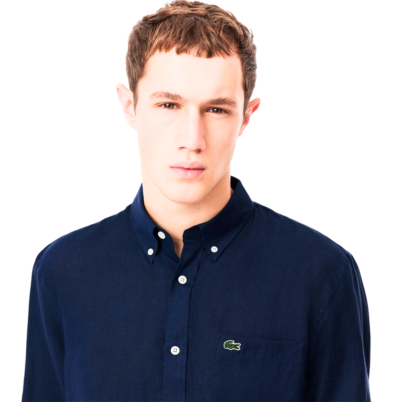 Lacoste Erkek Regular Fit Düğmeli Yaka Keten Lacivert Gömlek 