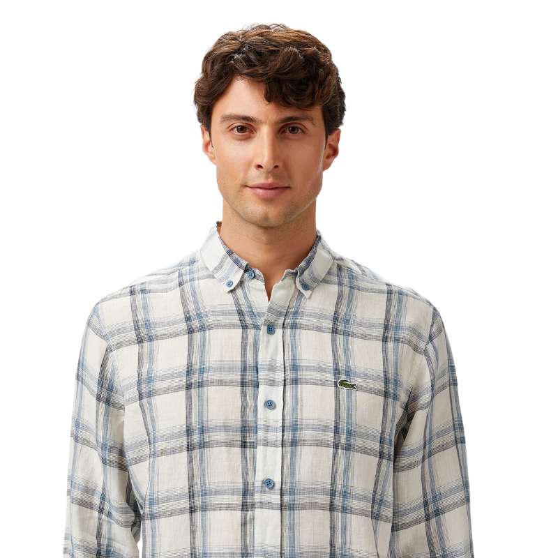 Lacoste Erkek Regular Fit Ekose Keten Koyu Mavi Gömlek