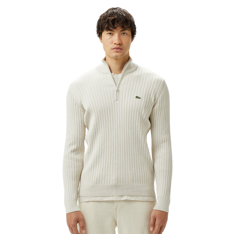 Lacoste Erkek Relaxed Fit Yarım Fermuarlı Çizgili Krem Triko AH2514.BUQ