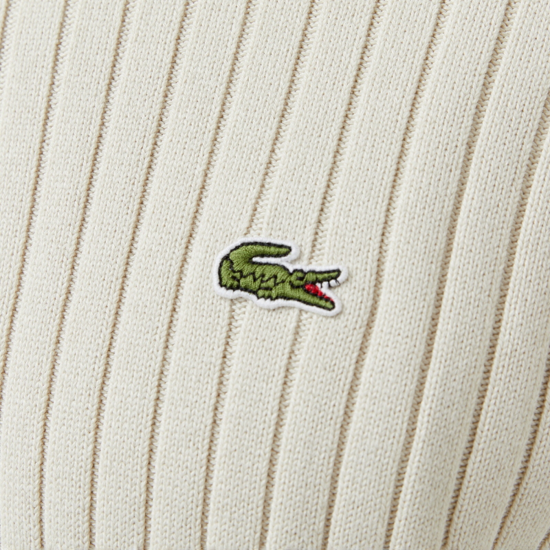 Lacoste Erkek Relaxed Fit Yarım Fermuarlı Çizgili Krem Triko AH2514.BUQ