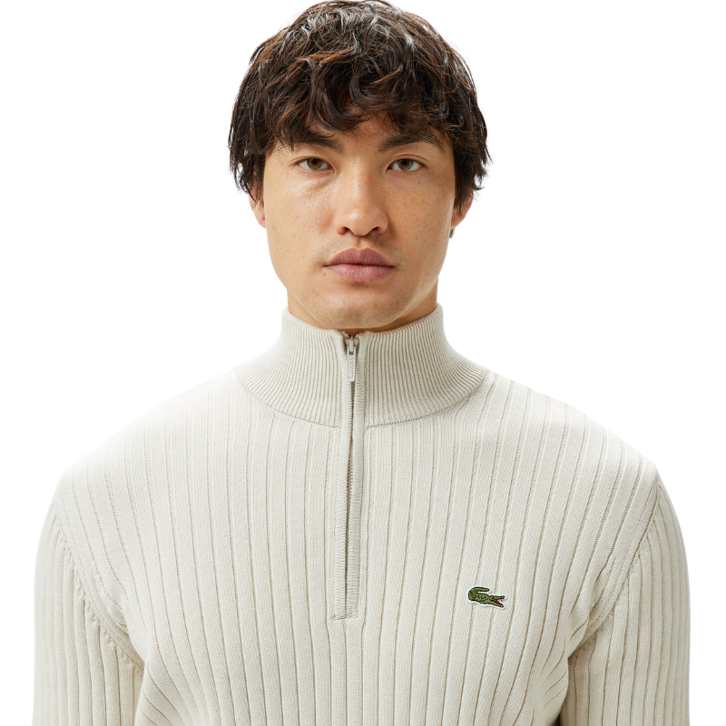 Lacoste Erkek Relaxed Fit Yarım Fermuarlı Çizgili Krem Triko AH2514.BUQ