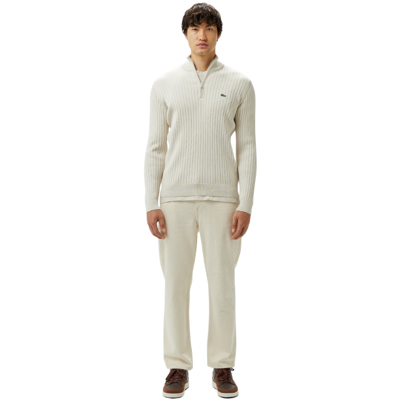 Lacoste Erkek Relaxed Fit Yarım Fermuarlı Çizgili Krem Triko AH2514.BUQ