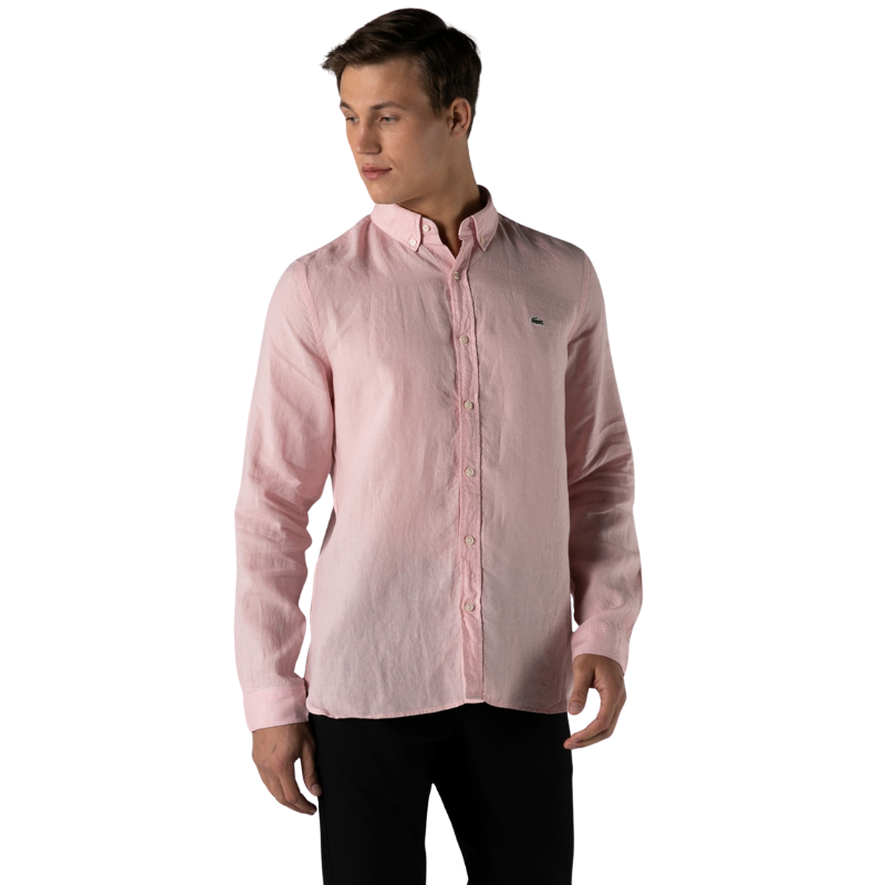 Lacoste Erkek Slim Fit Düğmeli Yaka Açık Pembe Keten Gömlek