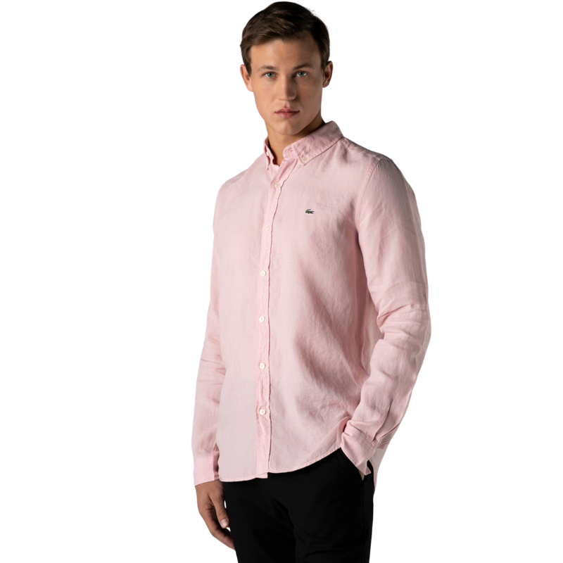 Lacoste Erkek Slim Fit Düğmeli Yaka Açık Pembe Keten Gömlek