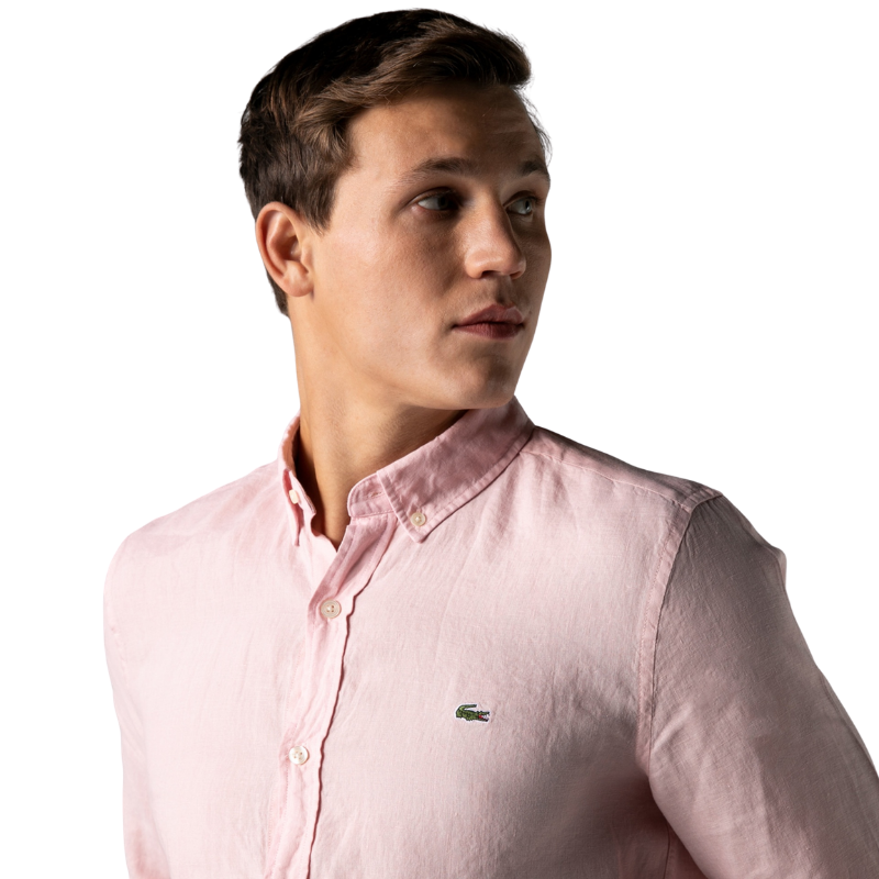 Lacoste Erkek Slim Fit Düğmeli Yaka Açık Pembe Keten Gömlek