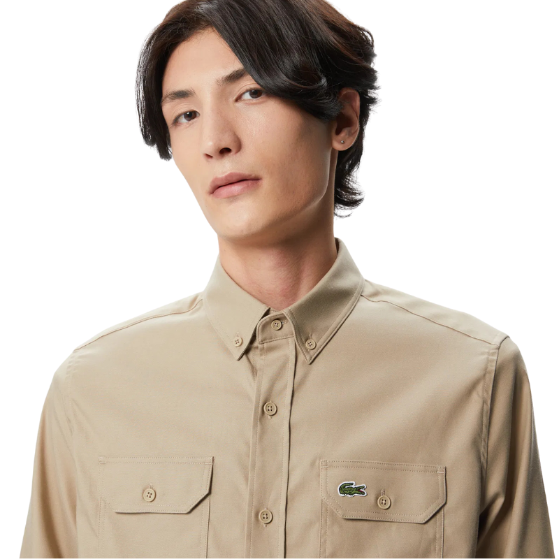 Lacoste Erkek Slim Fit Düğmeli Yaka Bej Gömlek CH2408 - 08K