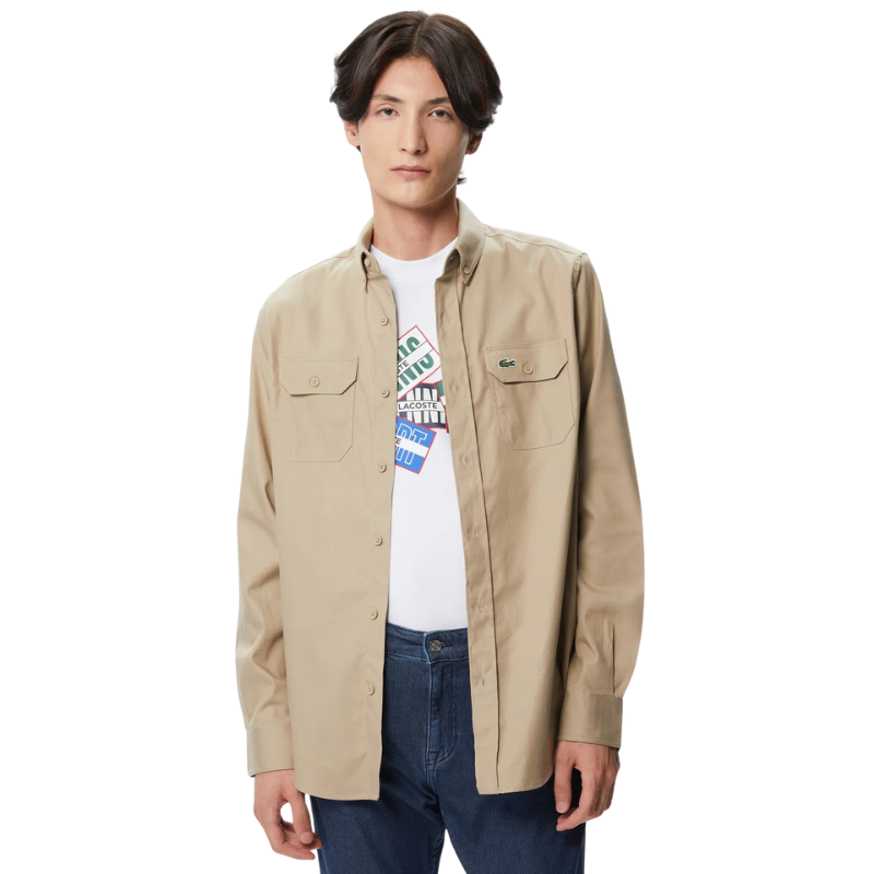 Lacoste Erkek Slim Fit Düğmeli Yaka Bej Gömlek CH2408 - 08K