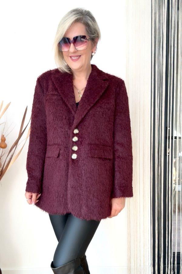 Bordo Kırçıllı Gold Düğmeli Ceket