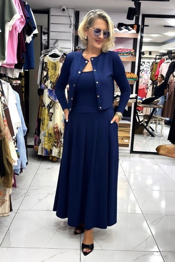 Ines Lacivert Renk Etek Hırka Bluz Üçlü Takım