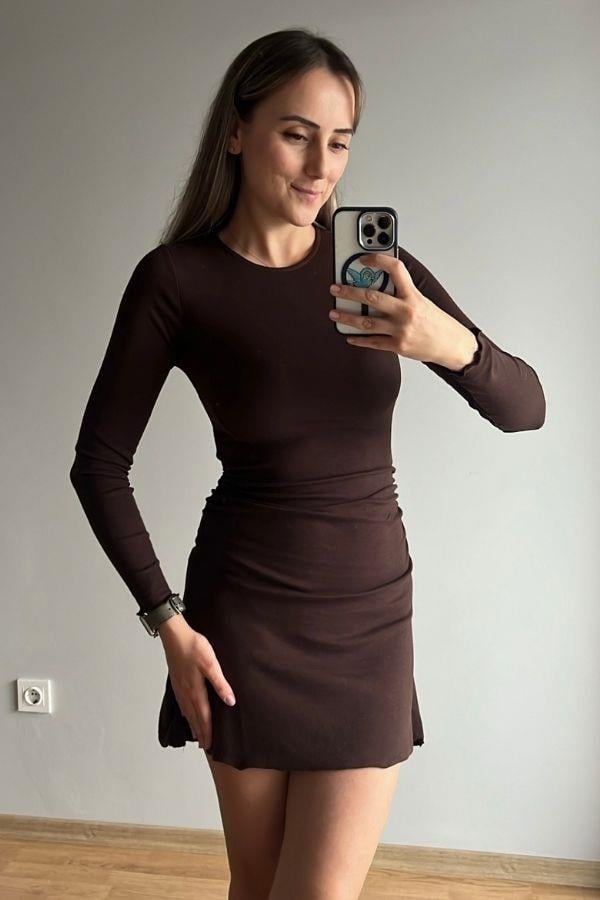 Kahve Rengi Sally Mini Elbise