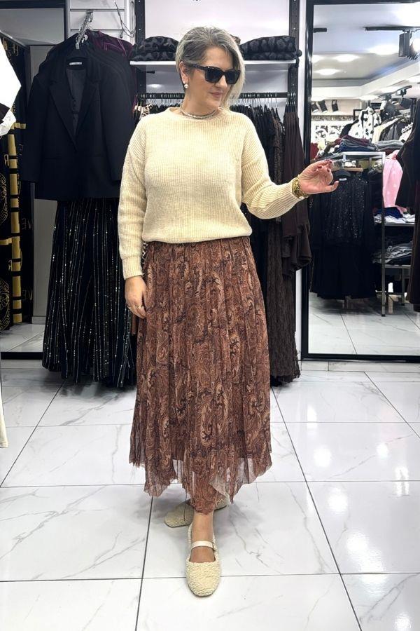 Kahve Renk Desen Detaylı Beli Lastikli Etek