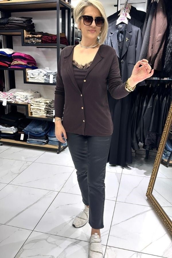Kahve Renk Hırka Görünümlü Bluz Takım