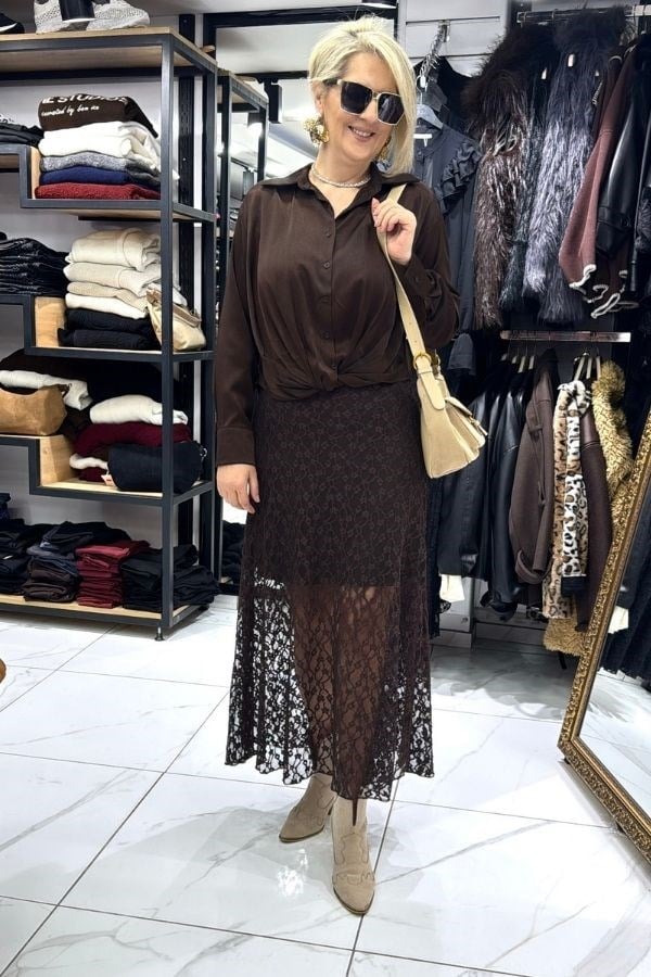 Kahverengi Dantel İç Astarı Mini Etek