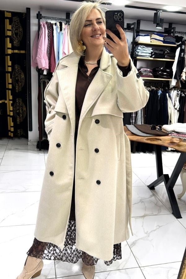 Krem Renk Kaşe Kaban