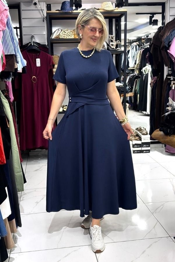 Lacivert Model Kumaş Kısa Kollu Elbise