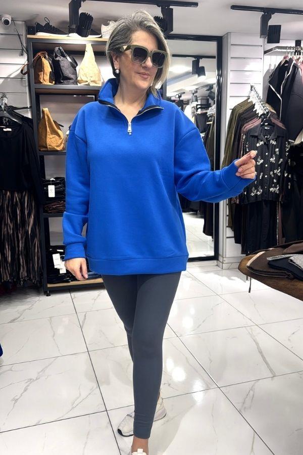 Mavi Renk Yarım Fermuarlı İçi Polarlı Sweat