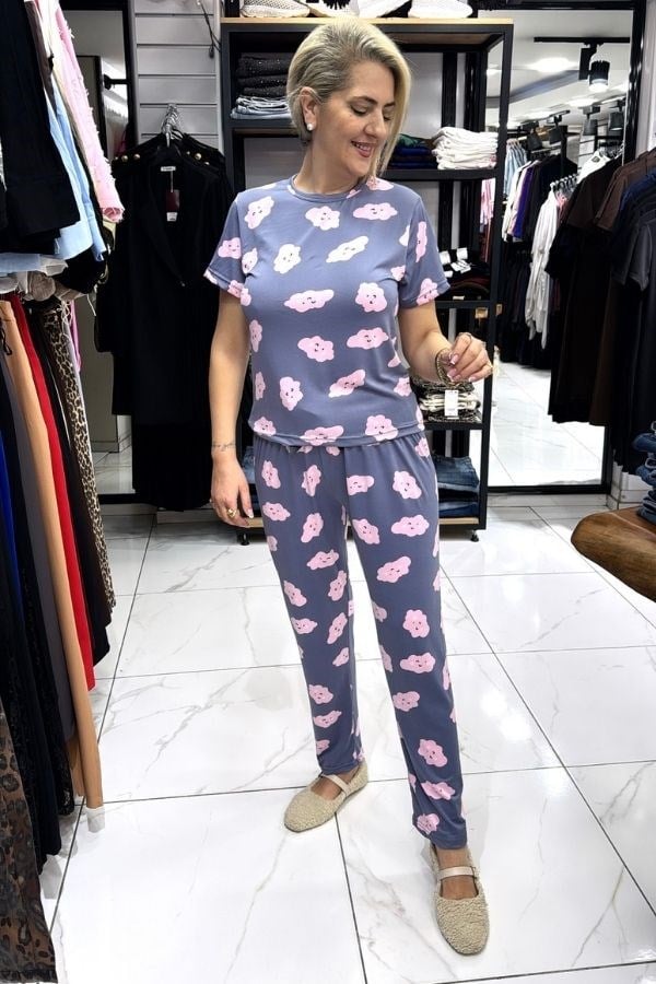 Pembe Bulut Desenli Pijama Takımı