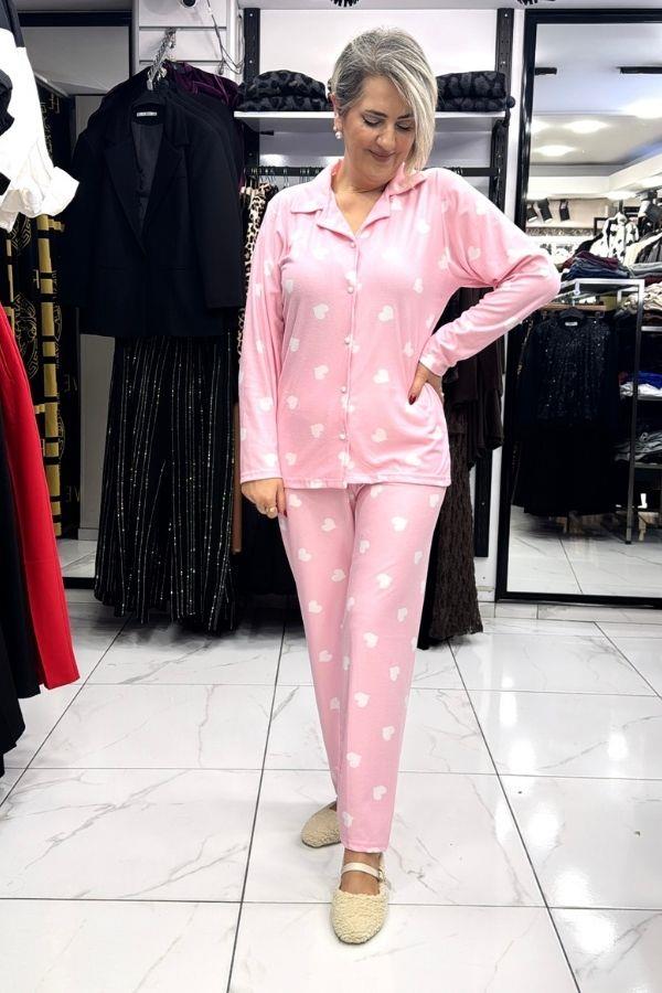 Pembe Renk Beyaz Kalpli Pijama Takımı
