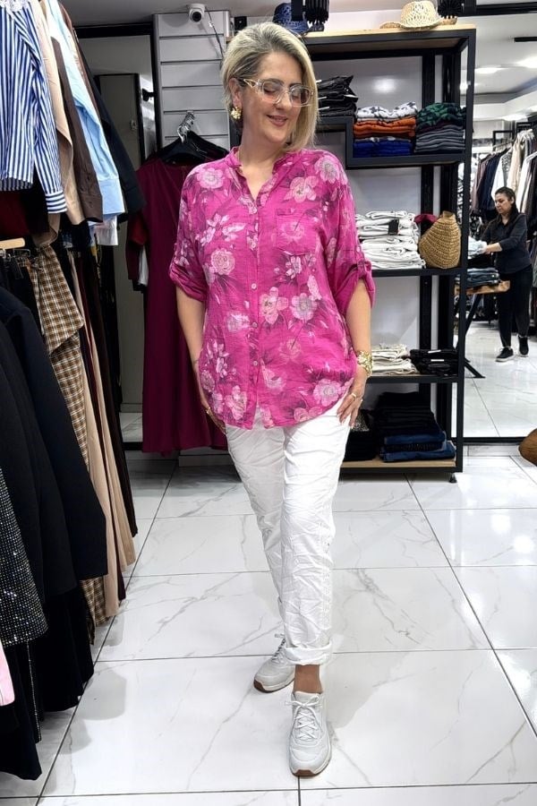 Pembe Renk Çiçek Desenli İthal Gömlek
