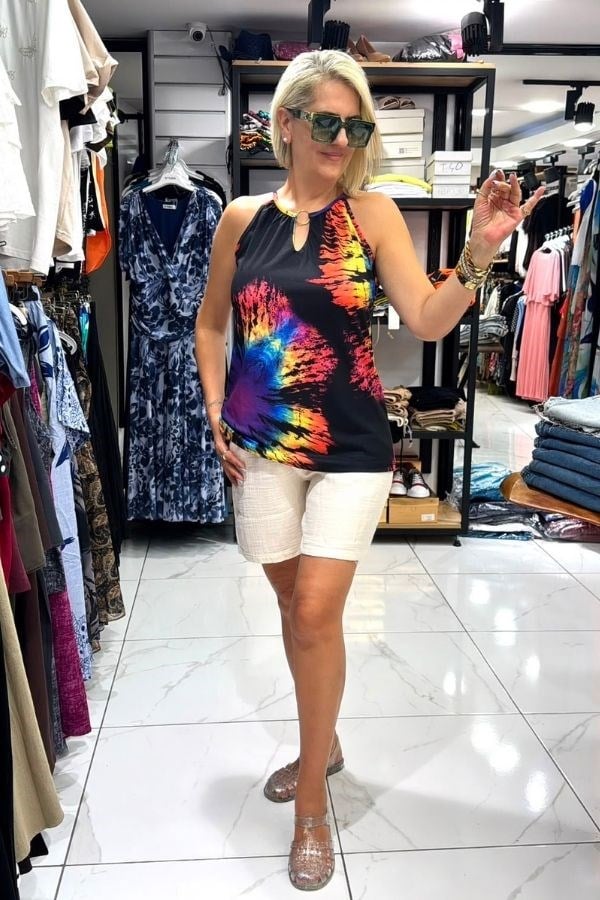 Siyah Renk Karmaşık Renkli  Desenli Askılı Model Bluz