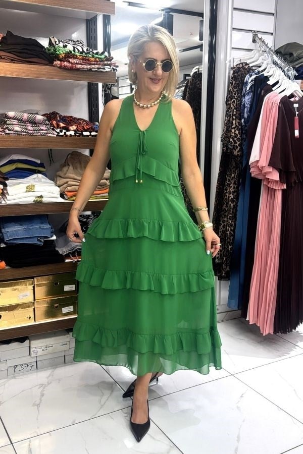 Yeşil Renk Kat Kat V Yaka Uzun Elbise