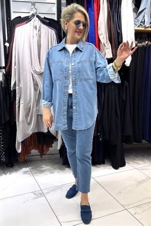 Açık Mavi Cep Detaylı Kot Gömlek