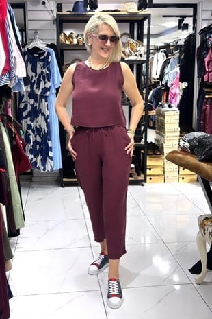 Bordo Renk Tensel Kumaş Kolsuz Havuç Paça Takım