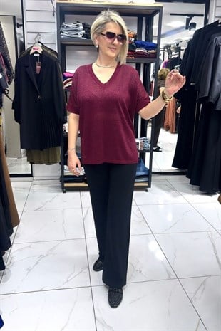 Bordo Renk V Yaka Kısa Kollu Sim Detaylı Merserize Triko