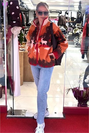 Geyik Desenli Tam Fermuarlı Wellsoft Sweat