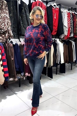 Kırmızı Üzeri Lacivert Çiçek Desenli Angora Kazak
