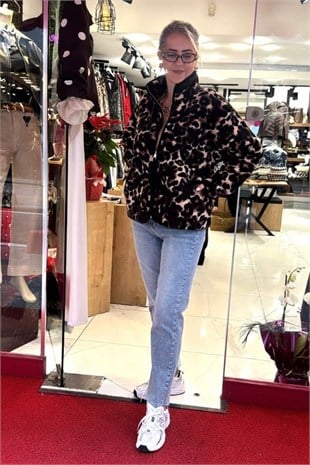 Koyu Leopar Desenli Tam Fermuarlı Wellsoft Sweat