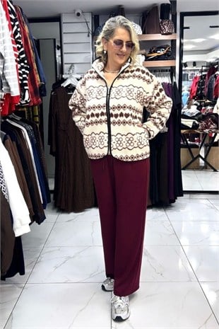 Krem Üzeri Kahverengi Desenli Tam Fermuarlı Wellsoft Sweat